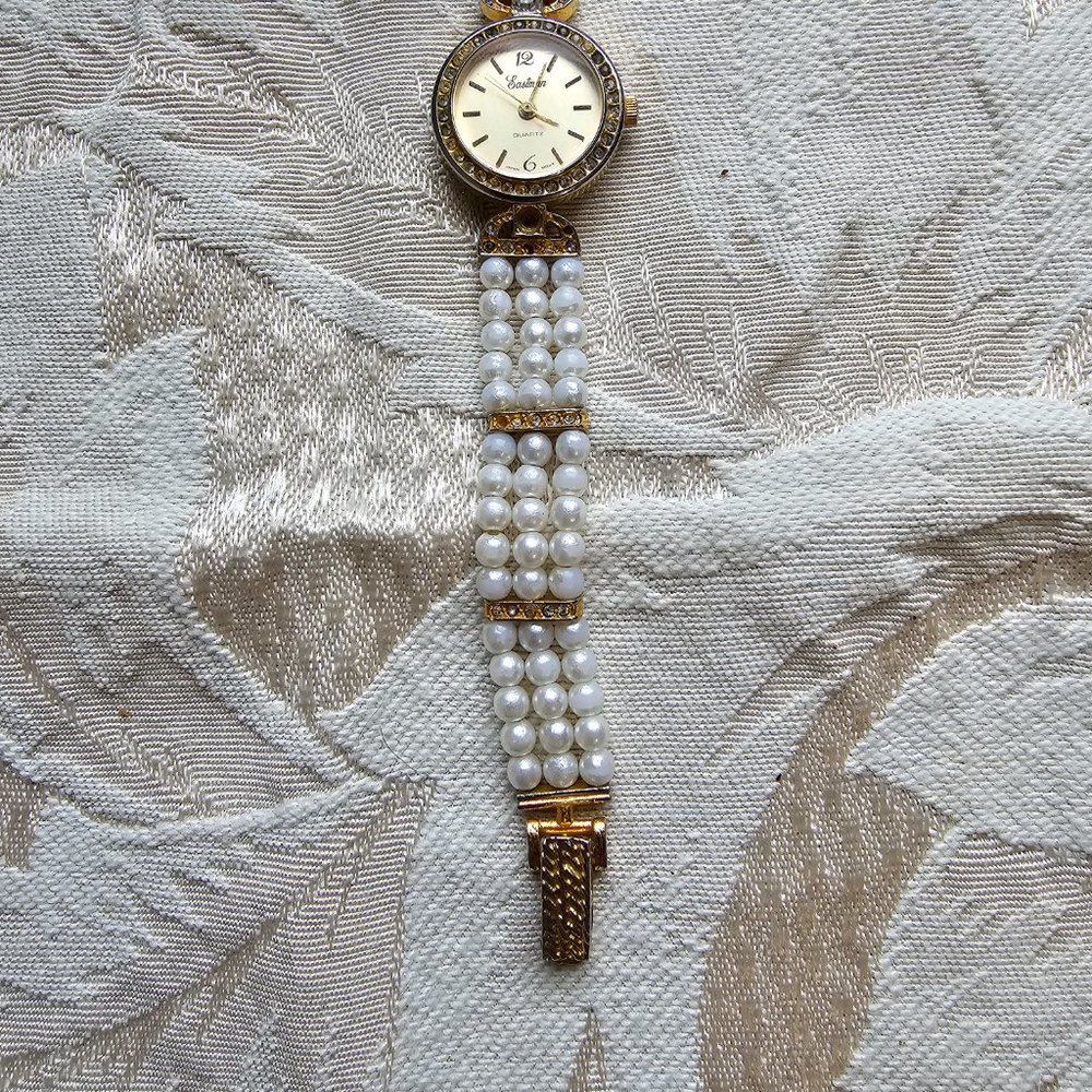 Eastman Quartz Gold Tone Pearl Rhinestone Watch - Picture 8 of 16